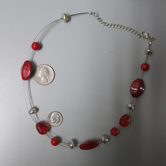 Necklace Multi Strand  Red and Silver Tone Beads with Lobster Clasp 18" Jewelry - Picture 7 of 7